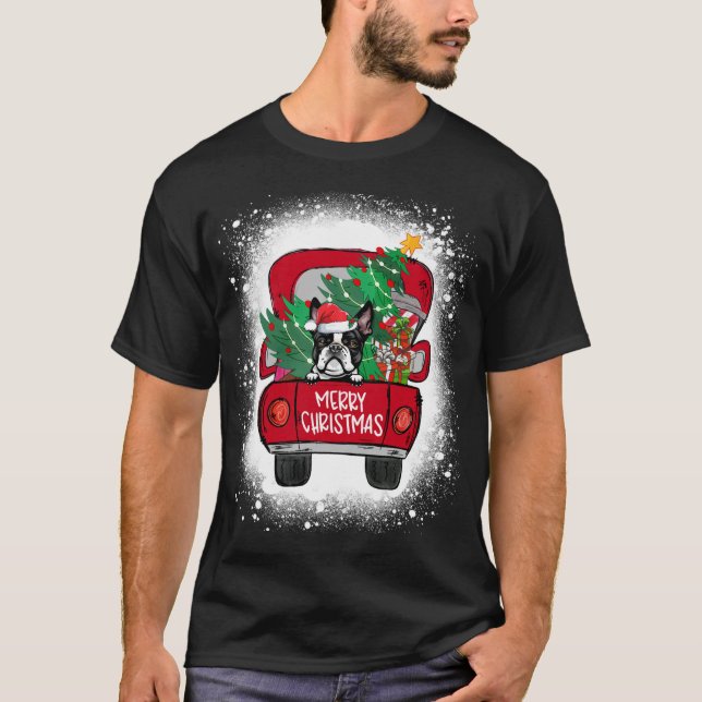 Cute Boston Terrier Red Truck Merry Christmas Blea T-Shirt (Front)