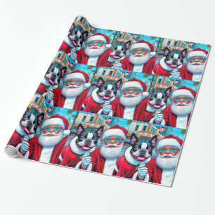 Cute Boston Terrier Santa Clause Christmas Design Wrapping Paper