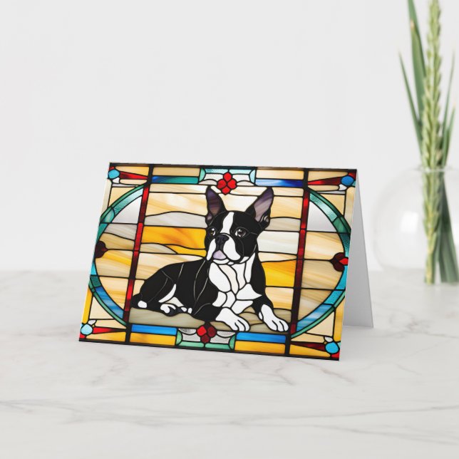 Cute Boston Terrier Stained Glass Card (Front)