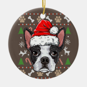 Cute Boston Terrier Ugly Christmas Sweater Santa Ceramic Tree Decoration
