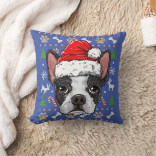 Cute Boston Terrier Ugly Christmas Sweater Santa Cushion