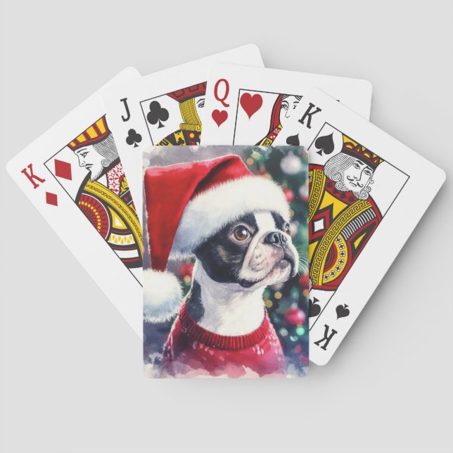 Cute Boston Terrier Watercolor Christmas Playing Cards (Back)