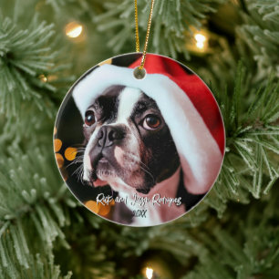 Cute Boston Terrier with Oversized Santa Hat Ceramic Tree Decoration
