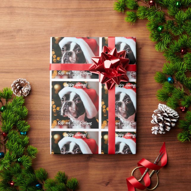 Cute Boston Terrier with Oversized Santa Hat Wrapping Paper (Holiday Gift)