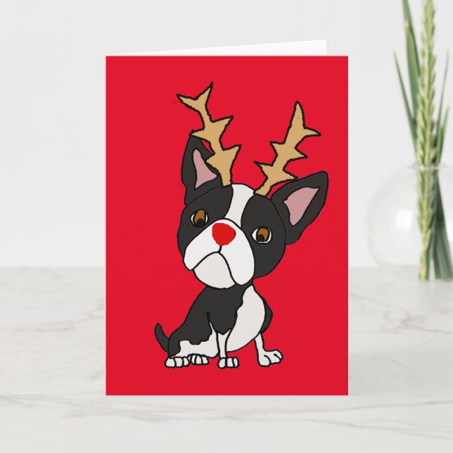 Cute Boston Terrier with Reindeer Antlers Cartoon Holiday Card (Front)