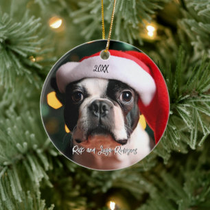 Cute Boston Terrier with Santa Hat Christmas Ceramic Tree Decoration