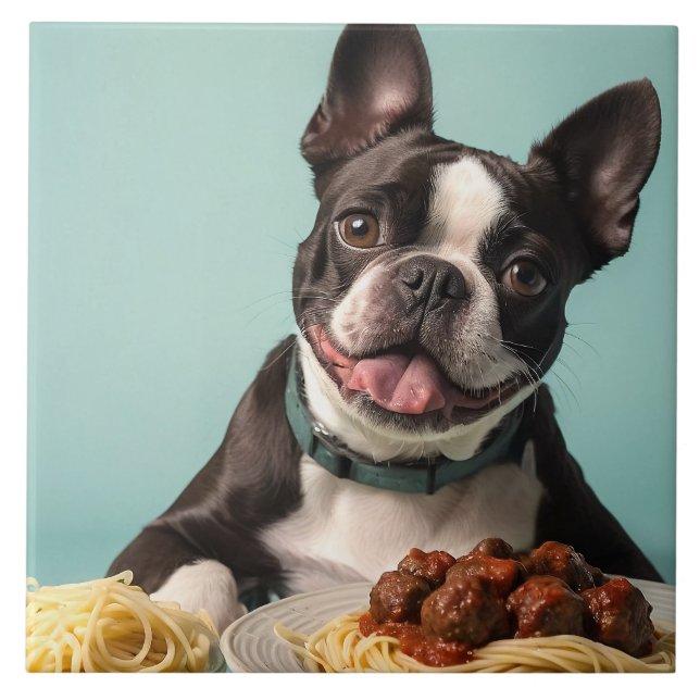 Cute Boston Terrier With Spaghetti Bolognaise  Tile (Front)