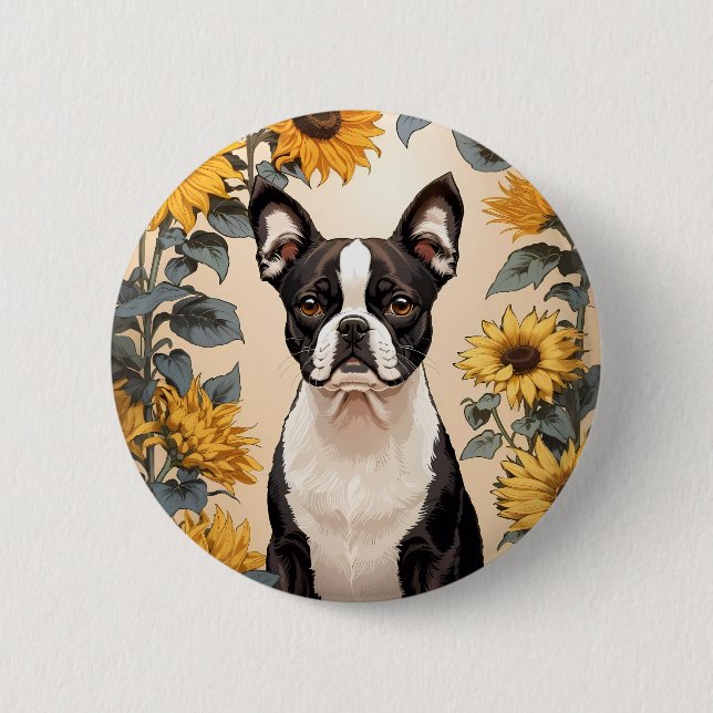 Cute Boston Terrier Yellow Sunflowers 6 Cm Round Badge (Front)