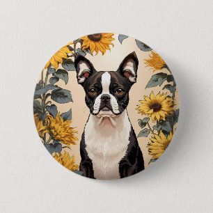 Cute Boston Terrier Yellow Sunflowers 6 Cm Round Badge