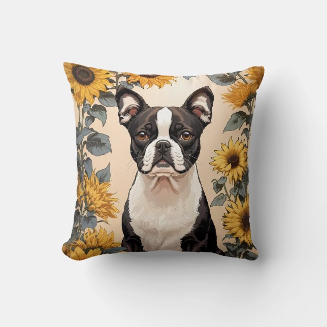 Cute Boston Terrier Yellow Sunflowers Cushion (Front)
