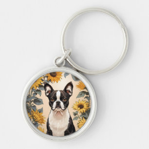 Cute Boston Terrier Yellow Sunflowers Key Ring