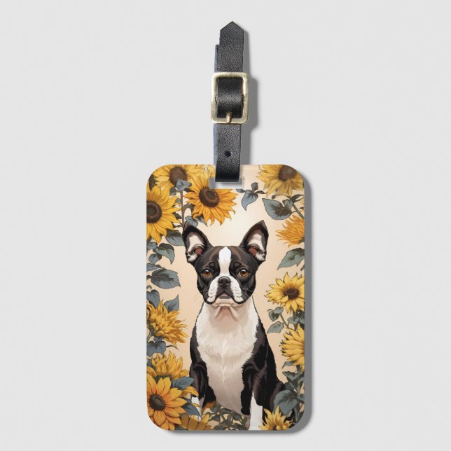 Cute Boston Terrier Yellow Sunflowers Luggage Tag (Front Vertical)