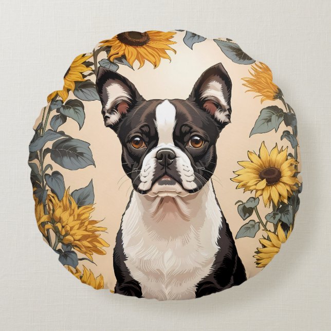 Cute Boston Terrier Yellow Sunflowers Round Cushion (Front)