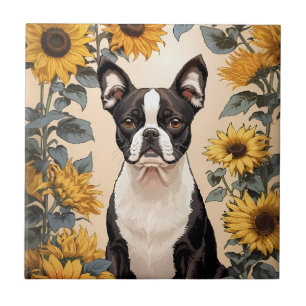 Cute Boston Terrier Yellow Sunflowers Tile