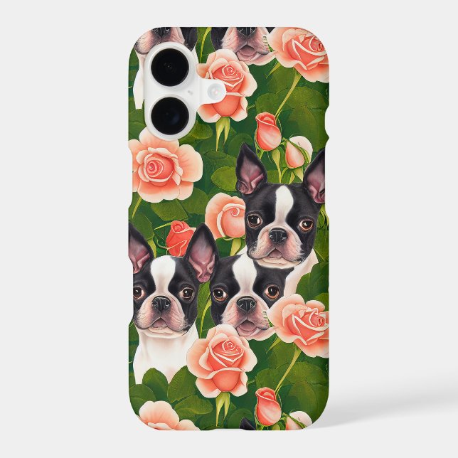 Cute Boston Terriers Enchanted Pink Rose Garden iPhone Case (Back)