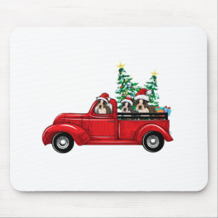 Cute boston terriers riding red truck to celebrate mouse mat