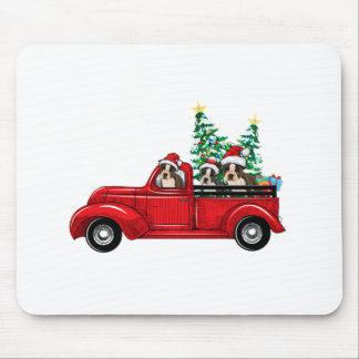 Cute boston terriers riding red truck to celebrate mouse mat