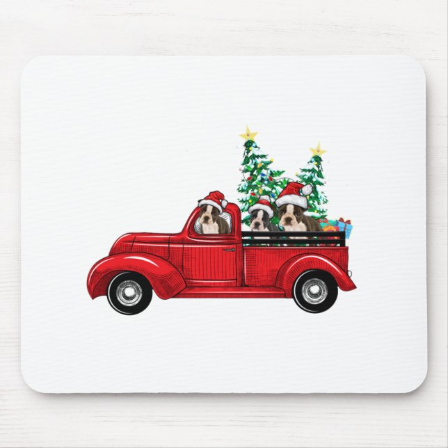 Cute boston terriers riding red truck to celebrate mouse mat (Front)
