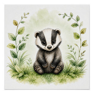 Cute Botanical Badger Watercolor Wildlife Poster