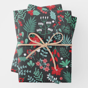 Cute Botanical Christmas Pattern - Poinsettias Wrapping Paper Sheet