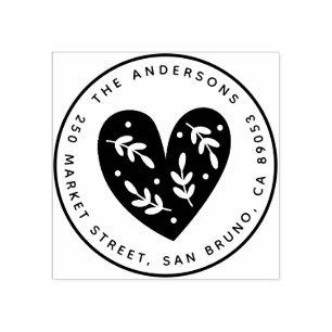 Cute Botanical Heart Round Name & Return Address Rubber Stamp