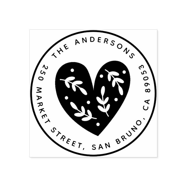 Cute Botanical Heart Round Name & Return Address Rubber Stamp (Imprint)