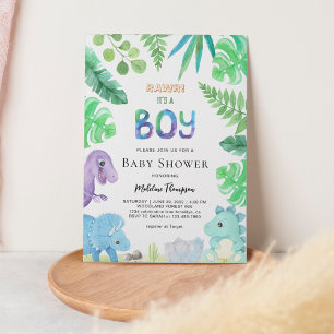 Cute Botanical It's A Boy Dinosaur Baby Shower Invitation