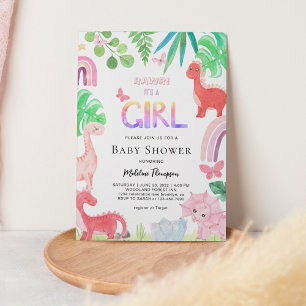 Cute Botanical It's A Girl Dinosaur Baby Shower Invitation