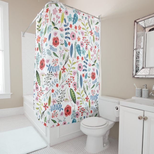 Cute Botanical Leafs & Flowers Pattern Shower Curtain (In Situ)