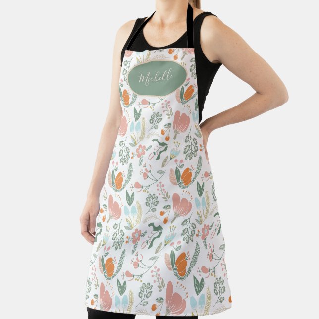 Cute botanical pastel floral pattern green name apron (Insitu)