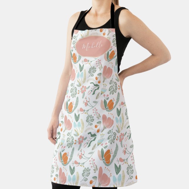 Cute botanical pastel floral pattern pink name apron (Insitu)