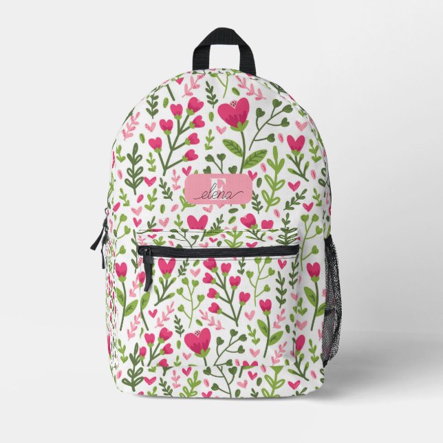 Cute Botanical Personalised Pink Floral Heart Printed Backpack (Front)