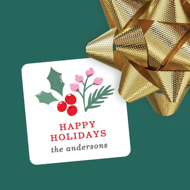 Cute Botanical Red Pink Holiday Christmas Party Square Sticker (Creator Uploaded)
