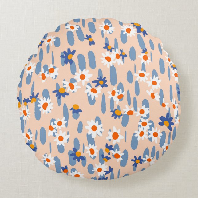 Cute botanical seamless pattern. Small daisies sca Round Cushion (Front)