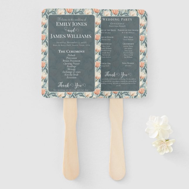 Cute Botanical Tulip Romantic Wedding Programs Hand Fan (Front and Back)