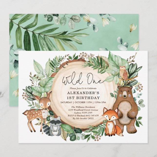 Cute Botanical Woodland Animals Wild One Birthday Invitation (Front/Back)
