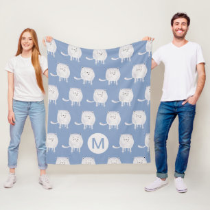 Cute Bouncing White Cat Pattern Monogram Blue Fleece Blanket