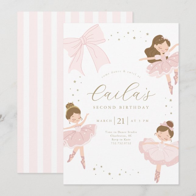 Cute Bow Ballerina Birthday Invitation (Front/Back)