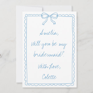 Cute Bow Blue Handwritten Chic Bridesmaid Proposal Card