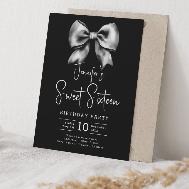 Cute Bow Coquette Script Sweet 16 Party Black Invitation (Cute Bow Coquette Script Sweet 16 Party Black Invitation)