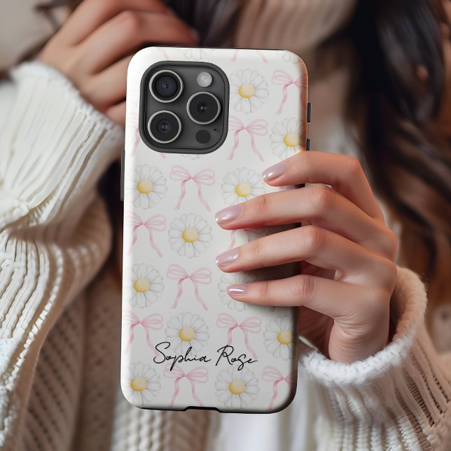 Cute Bow & Daisy Pattern Personalised Case-Mate iPhone Case (Preppy bow and daisy flowers pattern iphone case feminine coquette trend)