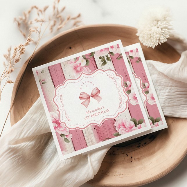 Cute Bow Floral Fancy ONE Girl 1st Birthday  Napkin (Creator Uploaded)