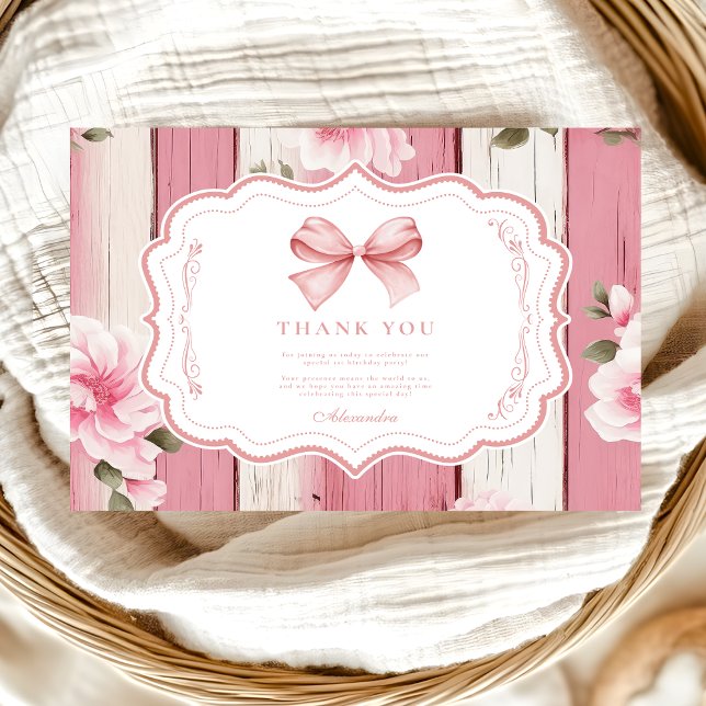 Cute Bow Floral Fancy ONE Girl 1st Birthday  Thank You Card (Creator Uploaded)