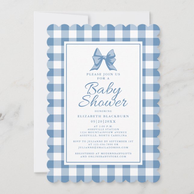 Cute Bow Pastel Blue & White Gingham Check Pattern Invitation (Front)