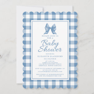 Cute Bow Pastel Blue & White Gingham Check Pattern Invitation