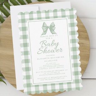 Cute Bow Pastel Green White Gingham Check Pattern Invitation