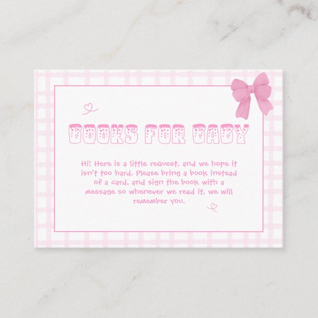 Cute Bow Pastel Pink Gingham Baby Shower Enclosure Card (Front)