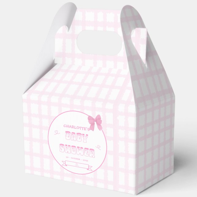 Cute Bow Pastel Pink Gingham Baby Shower Gable Favour Box (Front)
