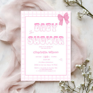 Cute Bow Pastel Pink Gingham Baby Shower Invitation