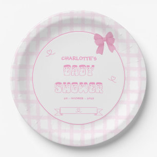 Cute Bow Pastel Pink Gingham Baby Shower Paper Plate